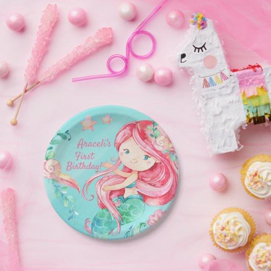 スイートウォーターカラーアンダーシーマーメイドガーリー誕生日 ペーパープレート (パーティー)