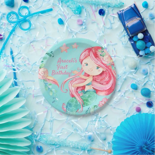 スイートウォーターカラーアンダーシーマーメイドガーリー誕生日 ペーパープレート (パーティー)
