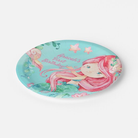 スイートウォーターカラーアンダーシーマーメイドガーリー誕生日 ペーパープレート (アングル)