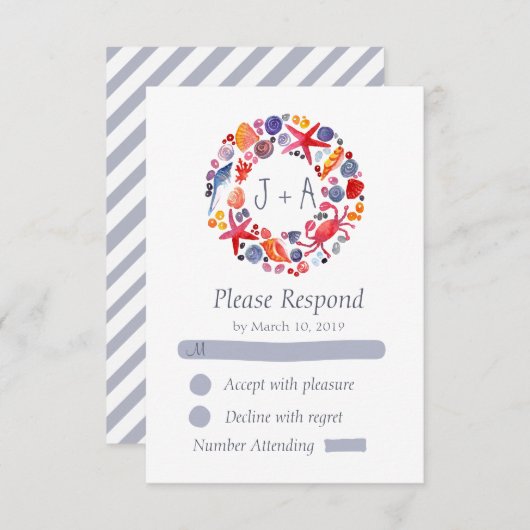 スイートウォーターカラーシーリースビーチ結婚式RSVP 出欠カード (正面/裏面)