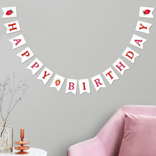 スイートウォーターカラーストロベリーハッピーバースデー バンティングフラッグ