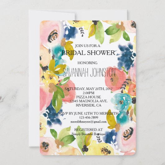 スイートウォーターカラーフローラガーデンブライダルシャワー 招待状 (正面)