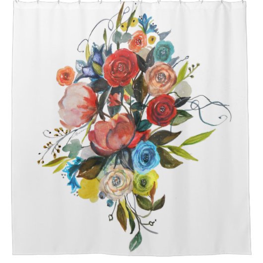 スイートウォーターカラーブーケシンプルホワイト シャワーカーテン (正面)