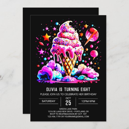 スイートウォーターカラープリント可能アイスクリームガール誕生日 招待状 (正面/裏面)
