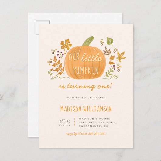 スイートウォーターカラーリトルカボチャ秋子供の誕生日 インビテーションポストカード (正面/裏面)
