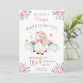 スイートウォーターカラーレインボーフラワーユニコーン誕生日 招待状 (スタンド正面)
