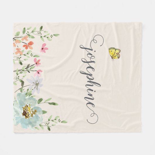 スイートウォーターフローラバタフライガールカスタム フリースブランケット (正面(横))