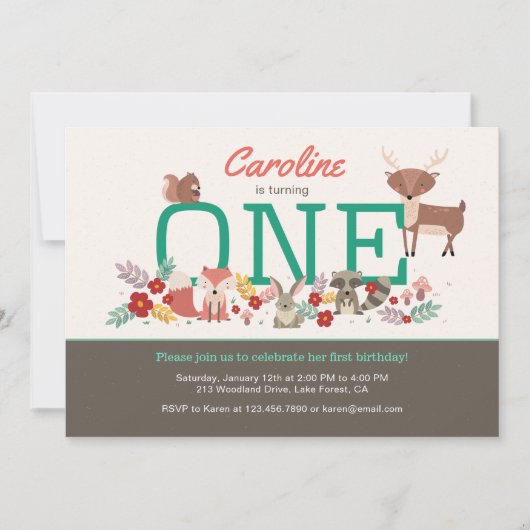 スイートウッドランドアニマルズファースト誕生日招待状 招待状 (正面)
