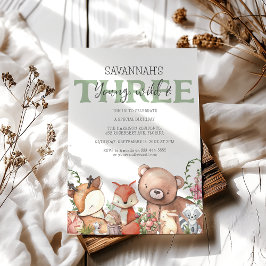 スイートウッドランドアニマル子供の誕生日パーティー 招待状