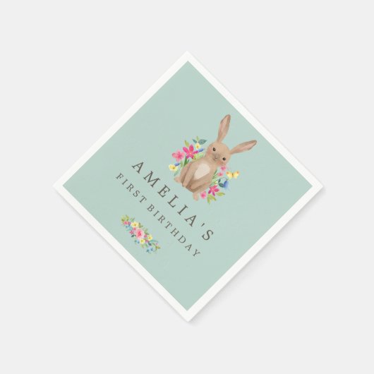スイートウッドランドバニーファースト誕生日ナプキン スタンダードカクテルナプキン (角)