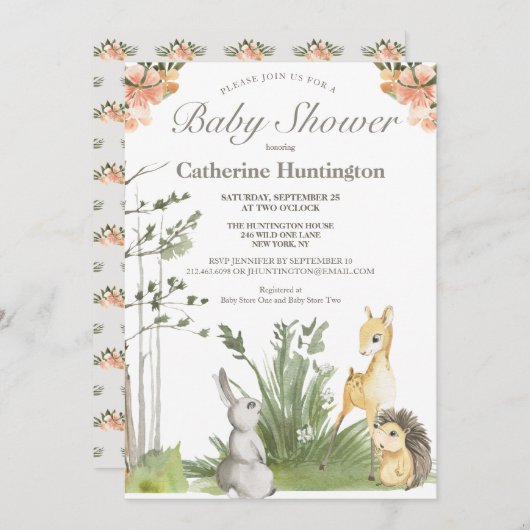 スイートウッドランドフォレストアニマルズベビーシャワー 招待状 (正面/裏面)