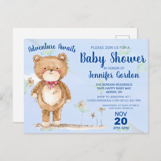 スイートウッドランドベアーブルーボーイベビーシャワー インビテーションポストカード (正面/裏面)