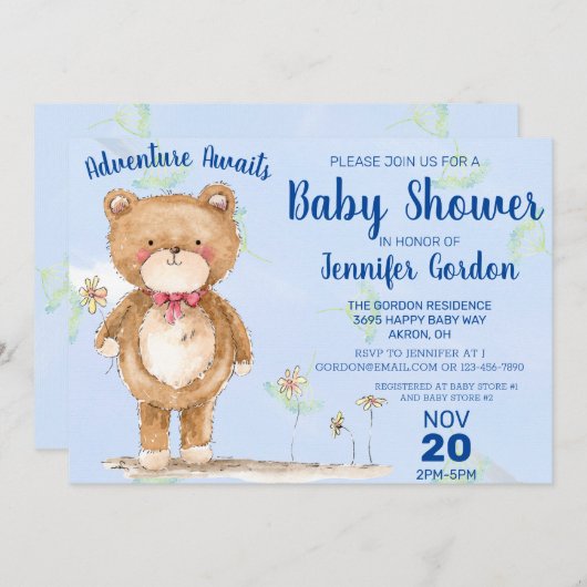 スイートウッドランドベアーブルーボーイベビーシャワー 招待状 (正面/裏面)