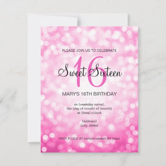スイートエレガント16誕生日ピンクグリッター灯 招待状 (正面)