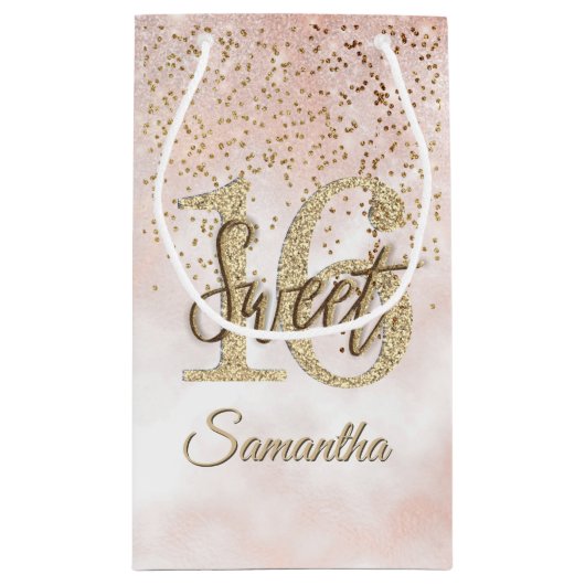 スイートエレガント16誕生日赤面ピンク金ゴールドグリッター スモールペーパーバッグ (裏面)