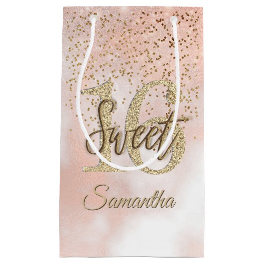 スイートエレガント16誕生日赤面ピンク金ゴールドグリッター スモールペーパーバッグ (正面)
