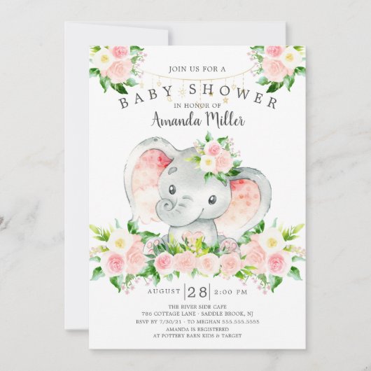 スイートエレファントガールズベビーシャワー招待状 招待状 (正面)