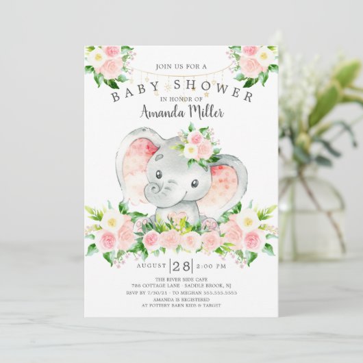 スイートエレファントガールズベビーシャワー招待状 招待状 (スタンド正面)