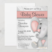 スイートエレファントグレーとピンクの赤ちゃんシャワー 招待状 (正面/裏面)