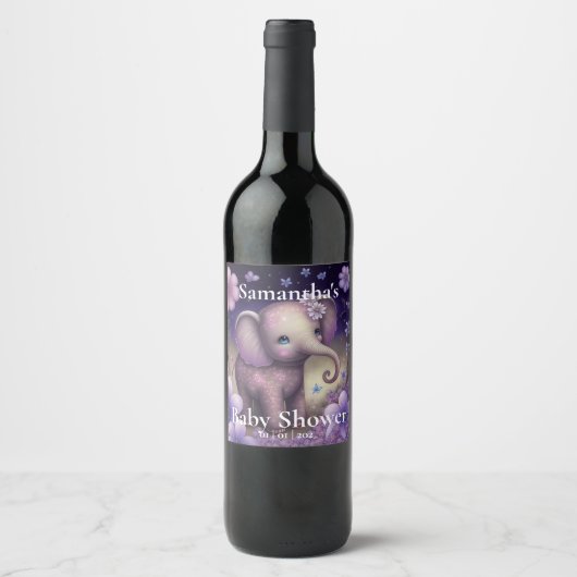 スイートエレファントパープルベビーシャワーワインラベル ワインラベル (正面)