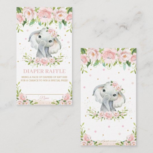 スイートエレファントピンク赤面フローラおむつラッフル エンクロージャーカード (正面/裏面)