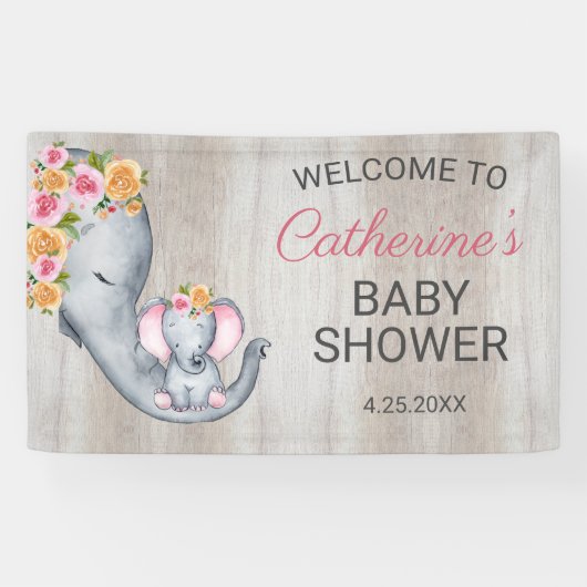 スイートエレファントフローラガールベビーシャワーウェルカム 横断幕 (横)