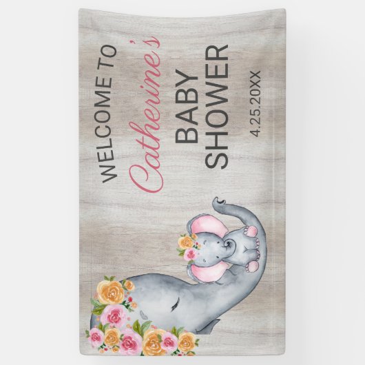スイートエレファントフローラガールベビーシャワーウェルカム 横断幕 (縦)