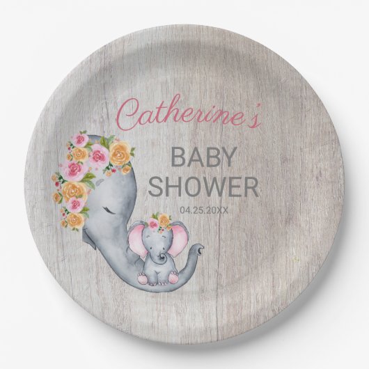 スイートエレファントフローラガール素朴ベビーシャワー ペーパープレート (正面)