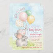 スイートエレファントベビーガールシャワー招待状 招待状 (正面/裏面)