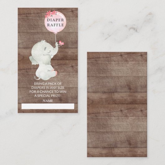 スイートエレファントベビーシャワーおむつラッフルチケット エンクロージャーカード (正面/裏面)