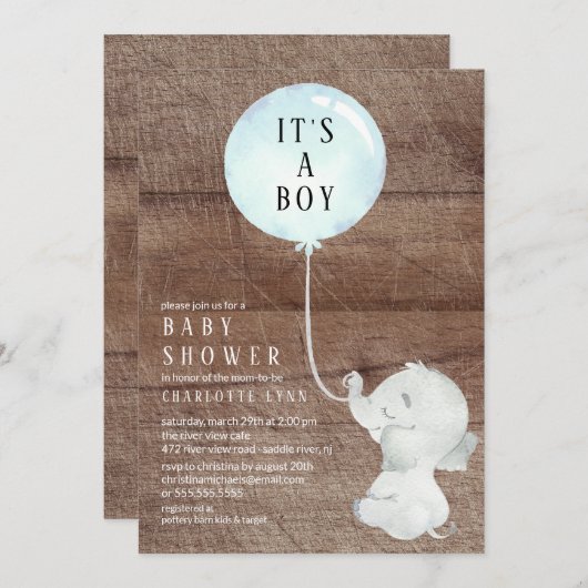 スイートエレファント男の赤ちゃんシャワー 招待状 (正面/裏面)