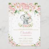 スイートエレファント赤面ピンクフローラ金ゴールド1st誕生日 招待状 (正面/裏面)