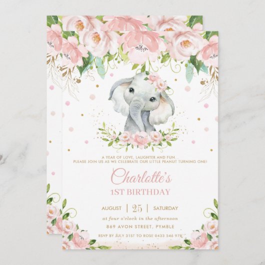スイートエレファント赤面ピンクフローラ金ゴールド1st誕生日 招待状 (正面/裏面)