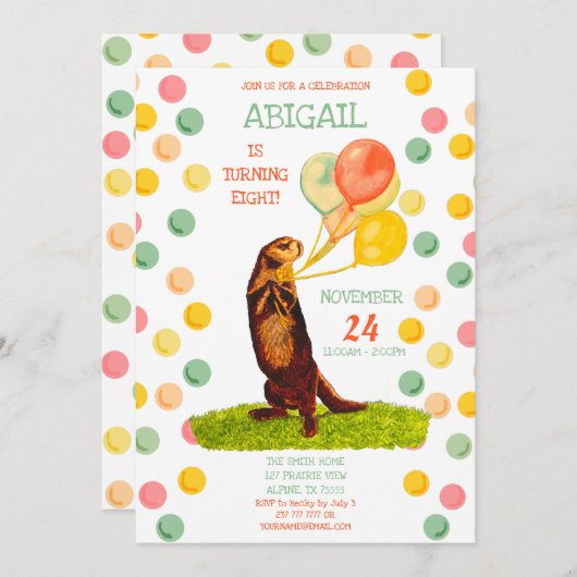 スイートオッターバースデー カラフルな風船 招待状 (正面/裏面)