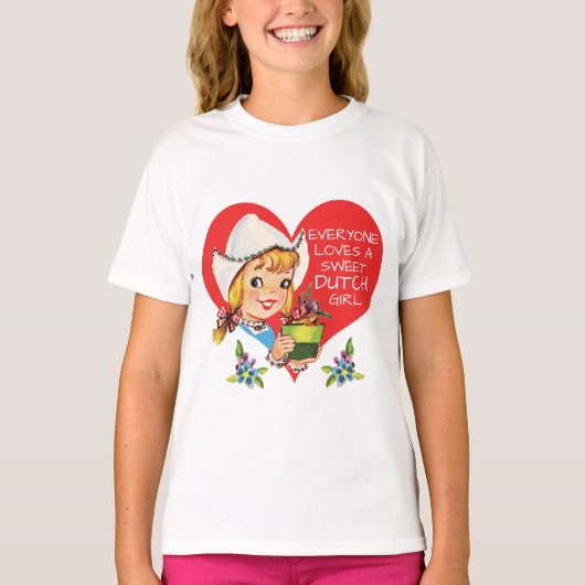 スイートオランダガールヴィンテージチューリップスマイシェ&ハート Tシャツ (正面)