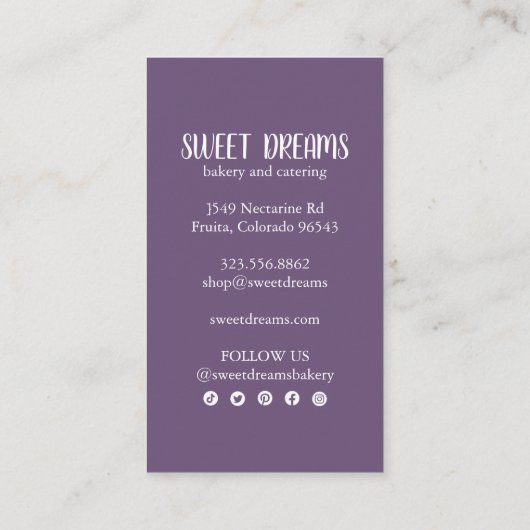 スイートカップケーキケータリングベーカリーパープルソーシャルアイコン 名刺 (裏面)