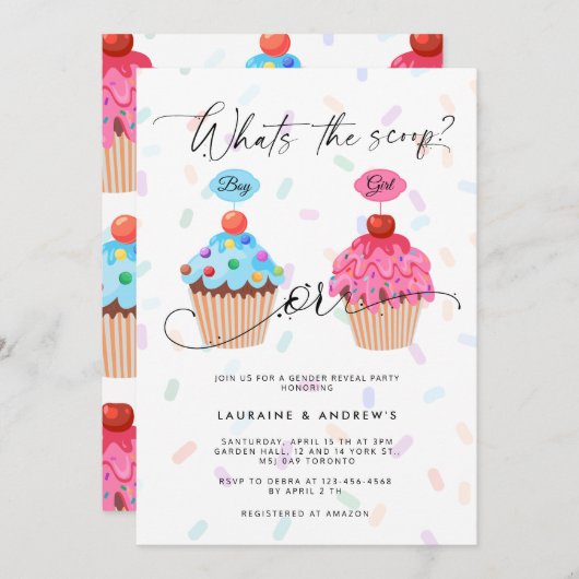 スイートカップケーキジェンダーリビールパーティの招待状 招待状 (正面/裏面)