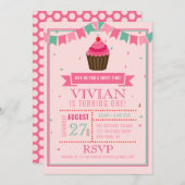スイートカップケーキピンクの誕生日パーティーの招待 招待状 (正面/裏面)