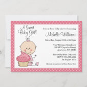 スイートカップケーキピンク水玉模様ガールベビーシャワー 招待状 (正面)