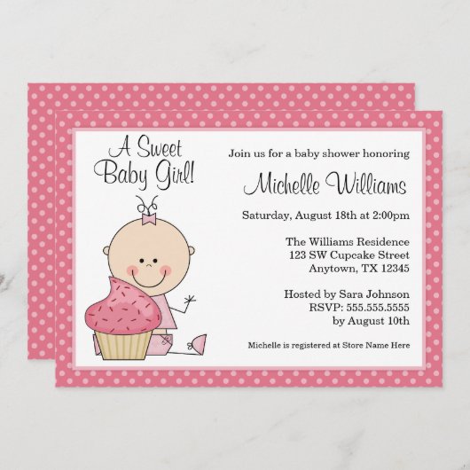 スイートカップケーキピンク水玉模様ガールベビーシャワー 招待状 (正面/裏面)