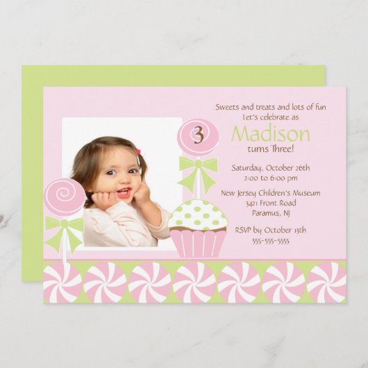 スイートカップケーキフォト誕生日招待状 招待状 (正面/裏面)