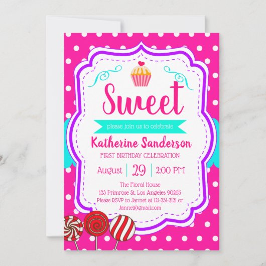 スイートカップケーキベビー振りかけるキャンディショップ誕生日 招待状 (正面)