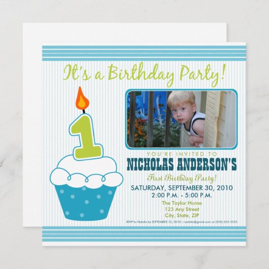 スイートカップケーキ第1バースデーパーティの招待状アクア 招待状 (正面/裏面)