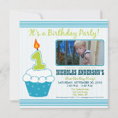 スイートカップケーキ第1バースデーパーティの招待状アクア 招待状 (正面)