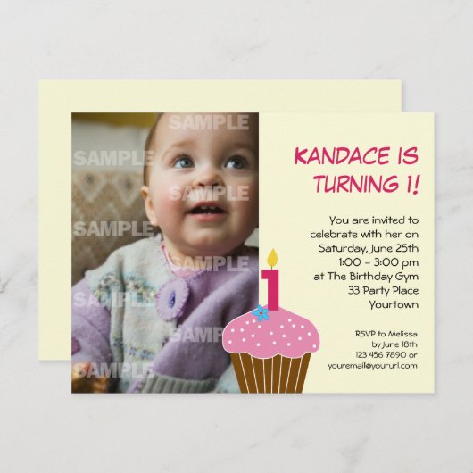 スイートカップケーキ第1誕生日パーティの招待状 招待状 (正面/裏面)