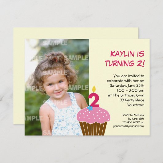 スイートカップケーキ第2誕生日パーティの招待状 招待状 (正面/裏面)