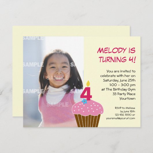 スイートカップケーキ第4誕生日パーティの招待状 招待状 (正面/裏面)