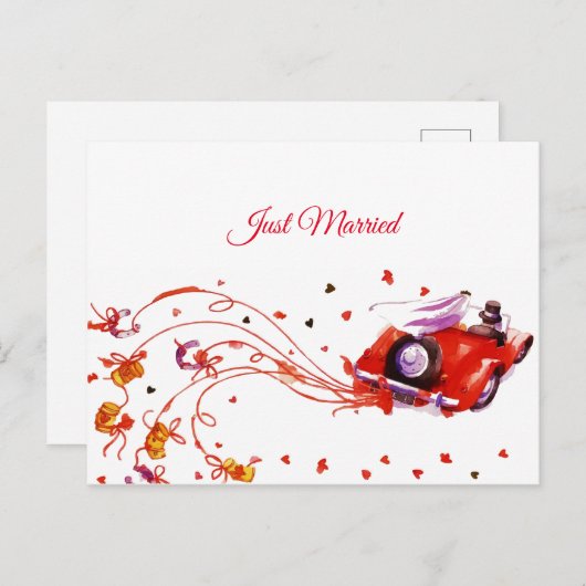 スイートカップル結婚のたった今結婚しましたの水色 案内ポストカード (正面/裏面)