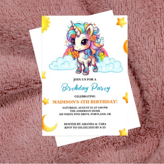 スイートカワイルユニコーン誕生日招待状 招待状