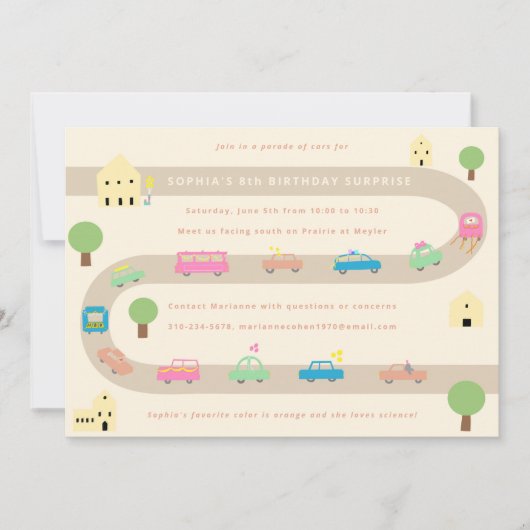 スイートカー図解入りの、写真付きの誕生日パレード 招待状 (正面)